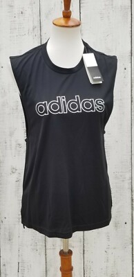 Adidas Women MEDIUM Sports Tank Top Sleeveless Black White Logo- NEW