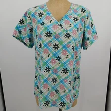 SB Scrubs Women Multicolor Floral Short Sleeve V-Neck Pockets Scrub Top Size M