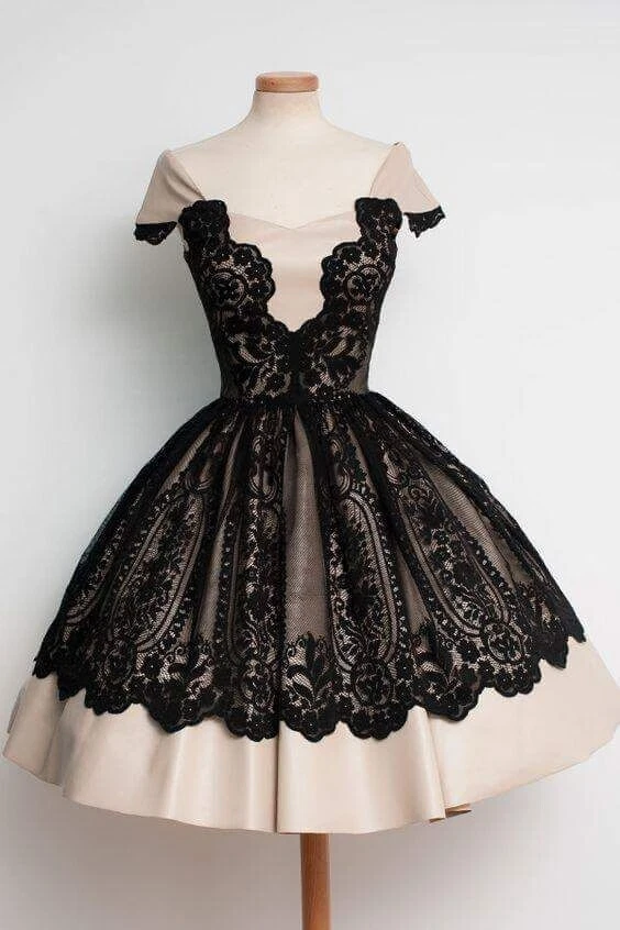 Vestidos de Noche Cortos Negro Encaje Vintage Rosa Satén Una Línea Sobre la Rodilla Vestido de Baile de graduación Foto 3 de 4