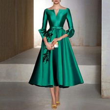 Tea Length Satin Mother of The Bride Dress Customized Small V Neck 3/4 Sleeves