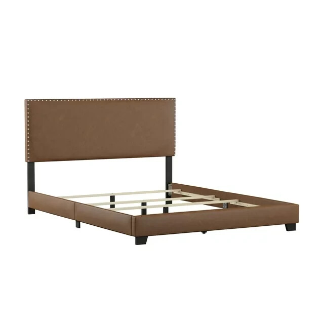 Queen Size Platform Bed Frame Nail Head Upholstered Faux Leather