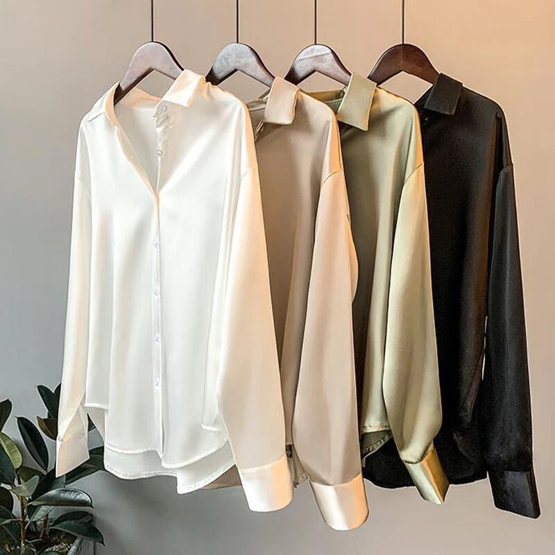 Womens Satin Silk Plain Shirt Ladies Casual Baggy Button-up OL Work Blouse Tops - Image 4 of 4