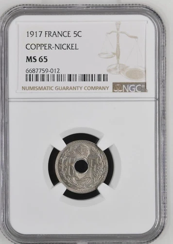 France 5 Centimes 1917 Copper-Nickel NGC MS 65