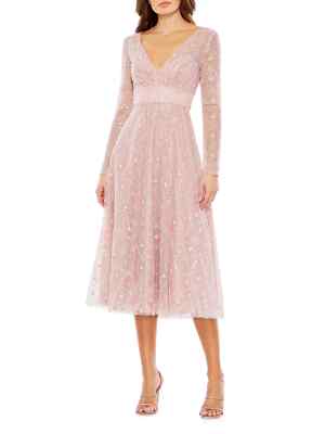 Mac Duggal Embellished Mesh Long Sleeve A-Line Dress Rose Pink Size 12 |  eBay