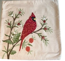 Pier 1 Winter Cardinal Bird Throw Pillow Cover Embroidered Red Tan Green 20x20