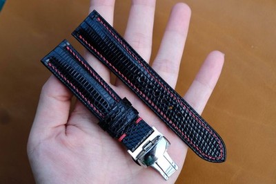 Handmade Black Lizard Leather Watch Strap 20/18 Custom Size Made to Order