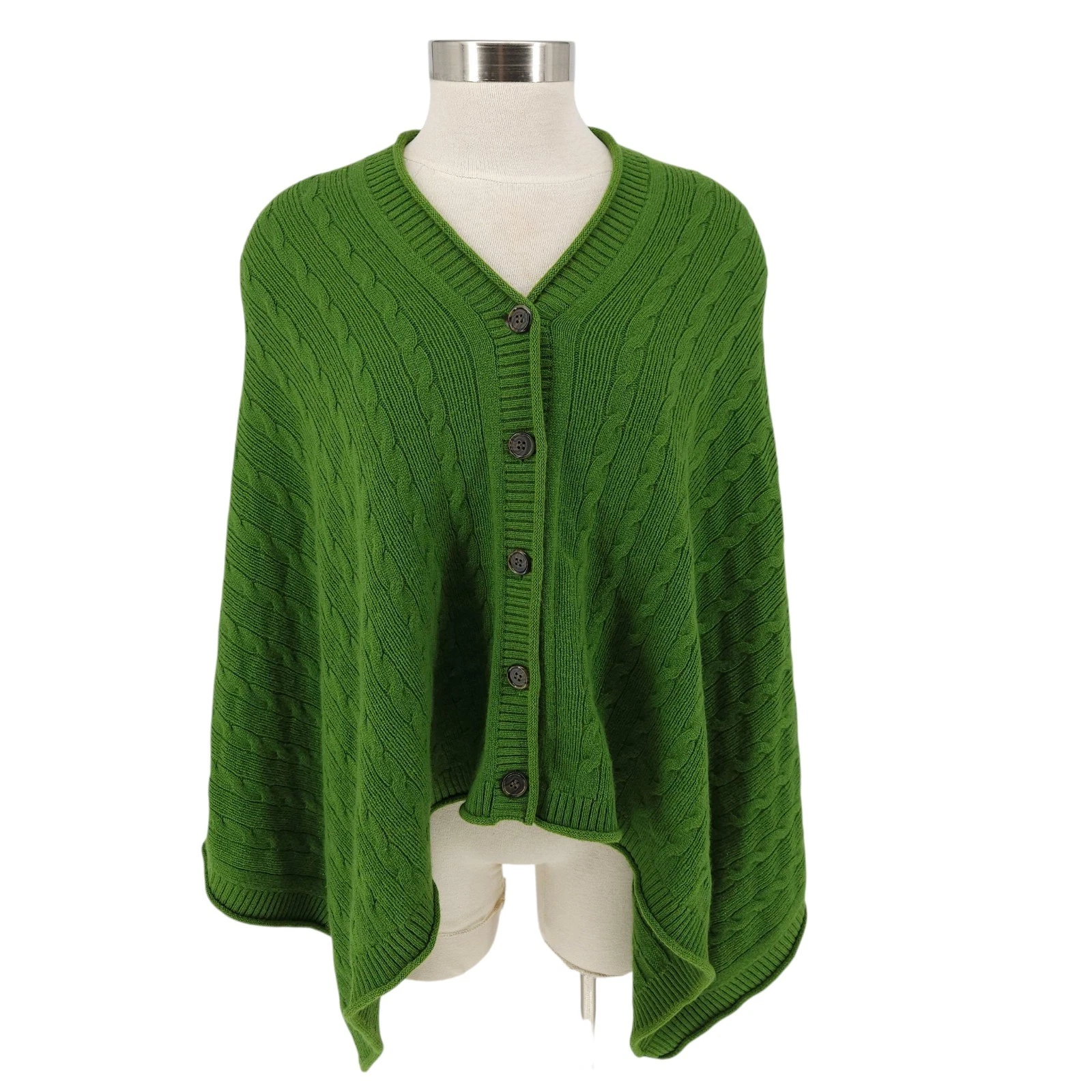 Vince Cable Knit Sweater Cape Poncho Wrap Cashmere Green Button Up V Neck OS