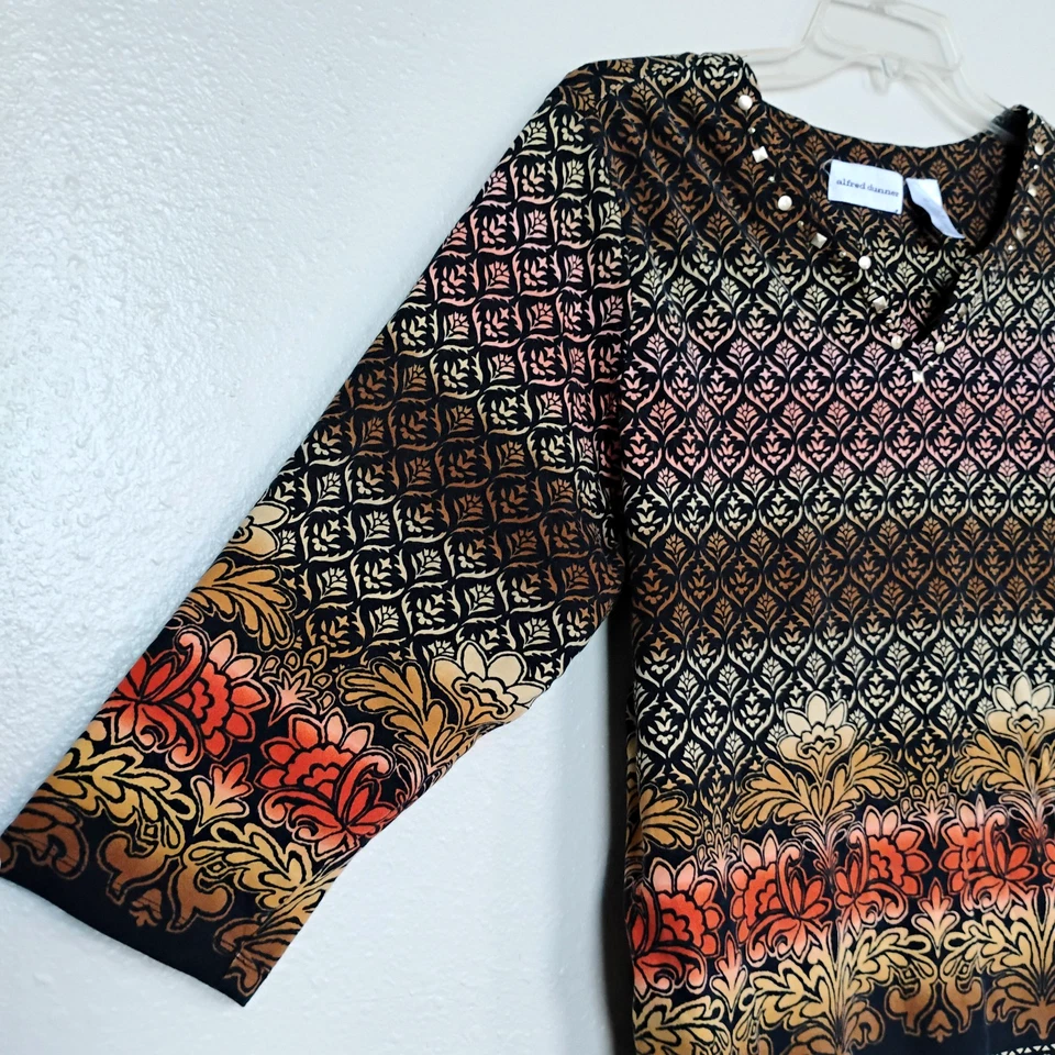 Camiseta Alfred Dunner Top Marrón/Negro/Naranja 3/4 Slv Algodón Tachonado ~ Talla XL Foto 4 de 4