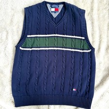 Tommy Hilfiger Men's Vintage Cable Knit Stripe Sweater Vest Y2K Blue Green White