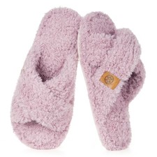 Fuzzy Open Toe Slippers for Women Memory Foam Cozy Cross Band House Shoes Sof...