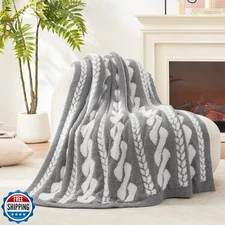 Amélie Home Cable Knit Throw Blanket for Couch, Bicolour Super Soft Cozy Fuzz