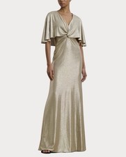 NWT 295 Lauren Ralph Lauren Women's Twist-Front Cape-Overlay Bronze Gown Sz 2