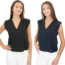 Womens Reiss Dixie V-Neck Top Navy Black Shoulder Pad Sleeveless Cotton