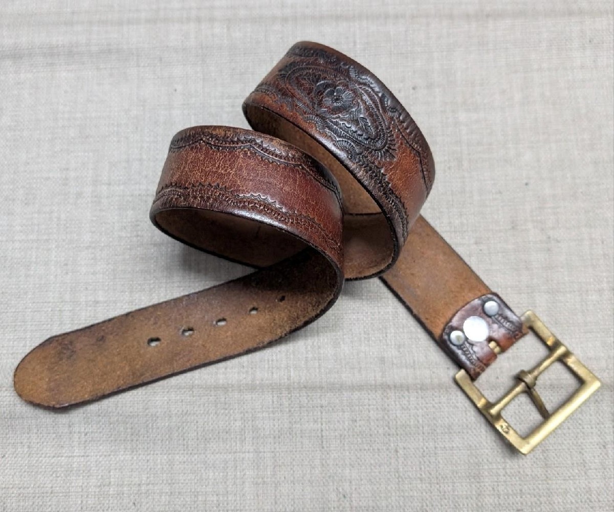 1970s vintage TOOLED buckle belt WESTERN geometric 30  display picture 1