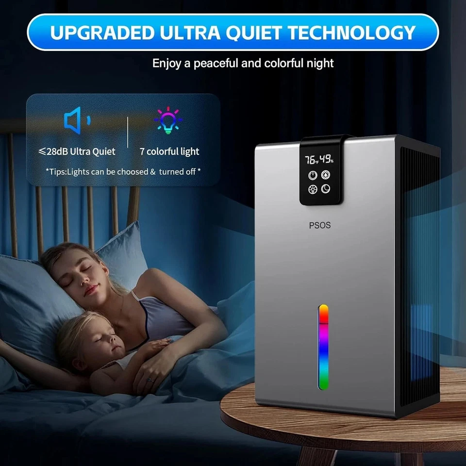PSOS Dehumidifier - 98oz Tank, Quiet, Auto Shut Off, Color LED, Gray, Brand-New - Image 4 of 4