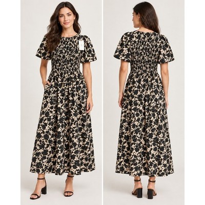 J.Crew Womens Tall S Floral Smocked Midi Maxi Dress Black Tan Cotton NWT