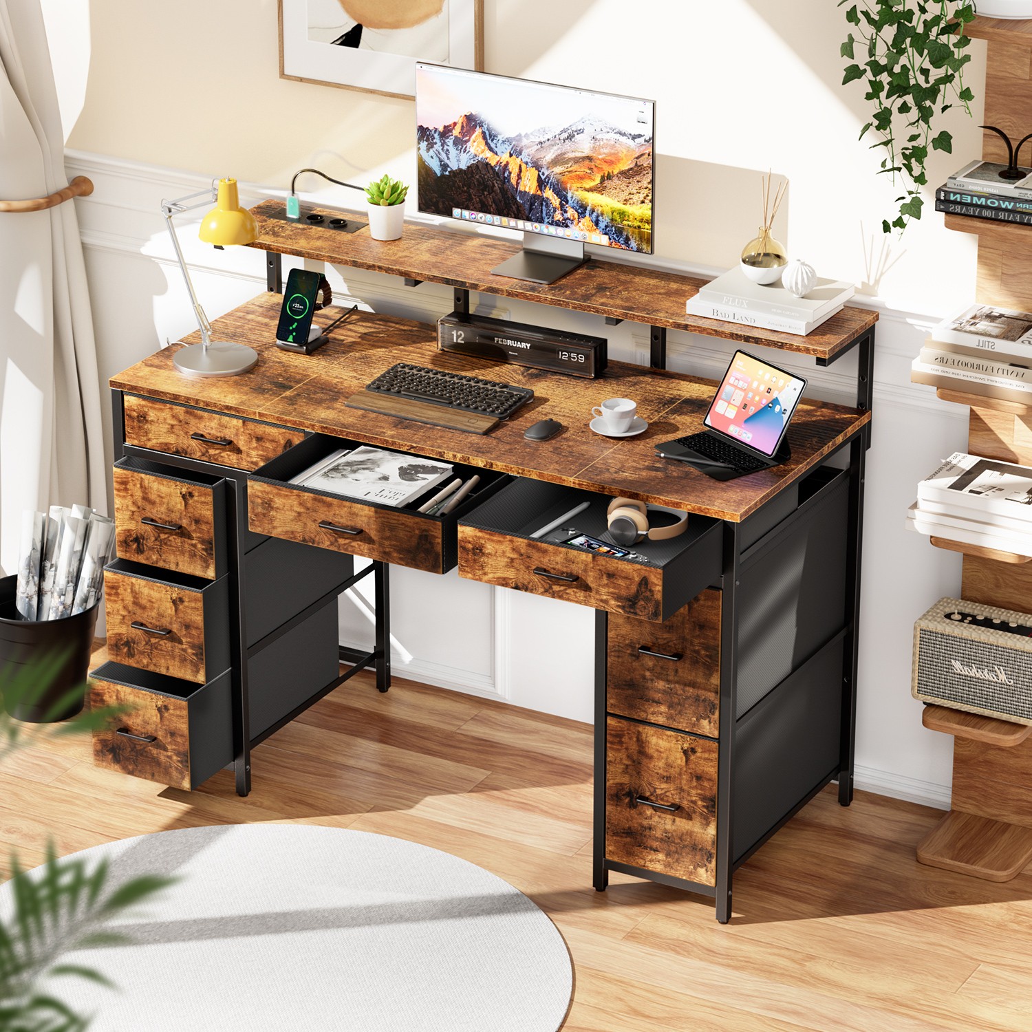 Scrivania con 8 cassetti e LED, marrone