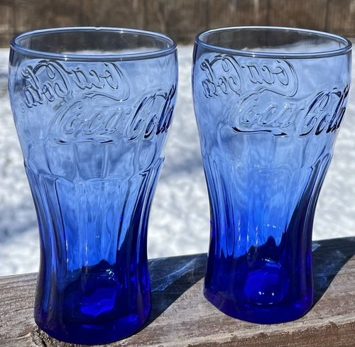 2 Vintage Cobalt Blue Glass Coca Cola Coke 16 oz Drinking Glasses Tumblers Cups