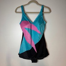 VTG Jantzen 1980s Color Block Black Blue Pink Modest One Piece Bathing Suit 18