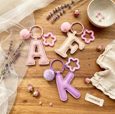 Personalized Leather Initial Keychain Pom Pom Letter Keyring Alphabet Bag Charms