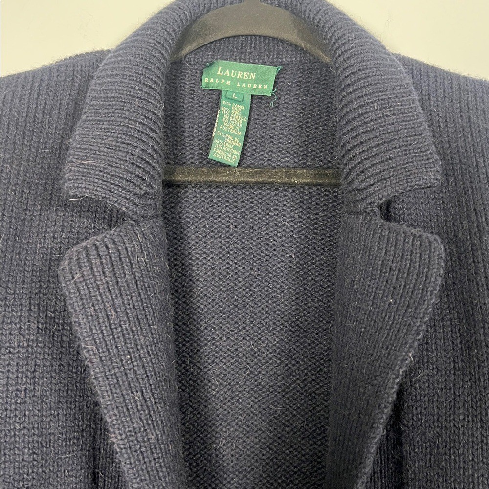 Lauren Ralph Lauren Women's Navy Blue Gold Knit Camel Hair Wool Cardigan Large thumbnail 5