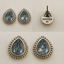 Napier Tiny Teardrop Stud Earrings Silver Tone Blue Glass Vintage Style