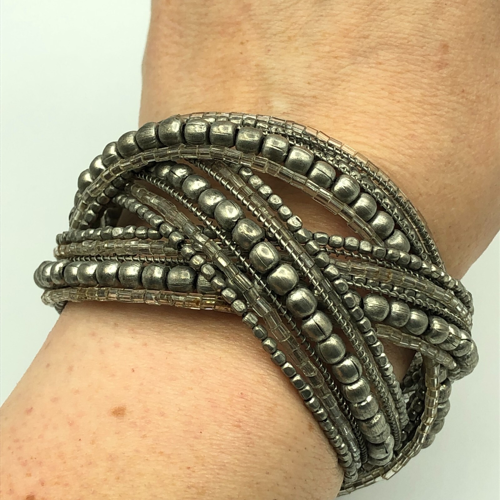 Silver Tone Beaded Boho Woven Torque Cuff for Retro Disco Christmas Party-image