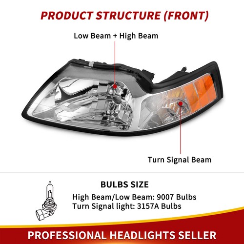 Chrome Housing Amber Corner Headlights For 1999-2004 Ford Mustang Headlamps Pair - Picture 3 of 13