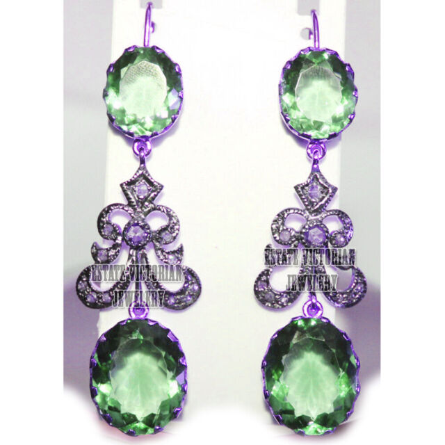 Vintage 1.95Ctw Rose Cut Diamond Emerald Studded Silver Gorgeous Earring Jewelry Vintage 1.95Ctw Rose Cut Diamond Emerald Studded Silver Gorgeous Earring Jewelry