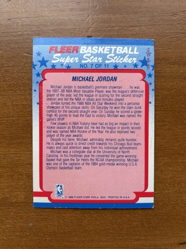 Michael Jordan 1988 Fleer Super Star Sticker - Back Only No Sticker! READ