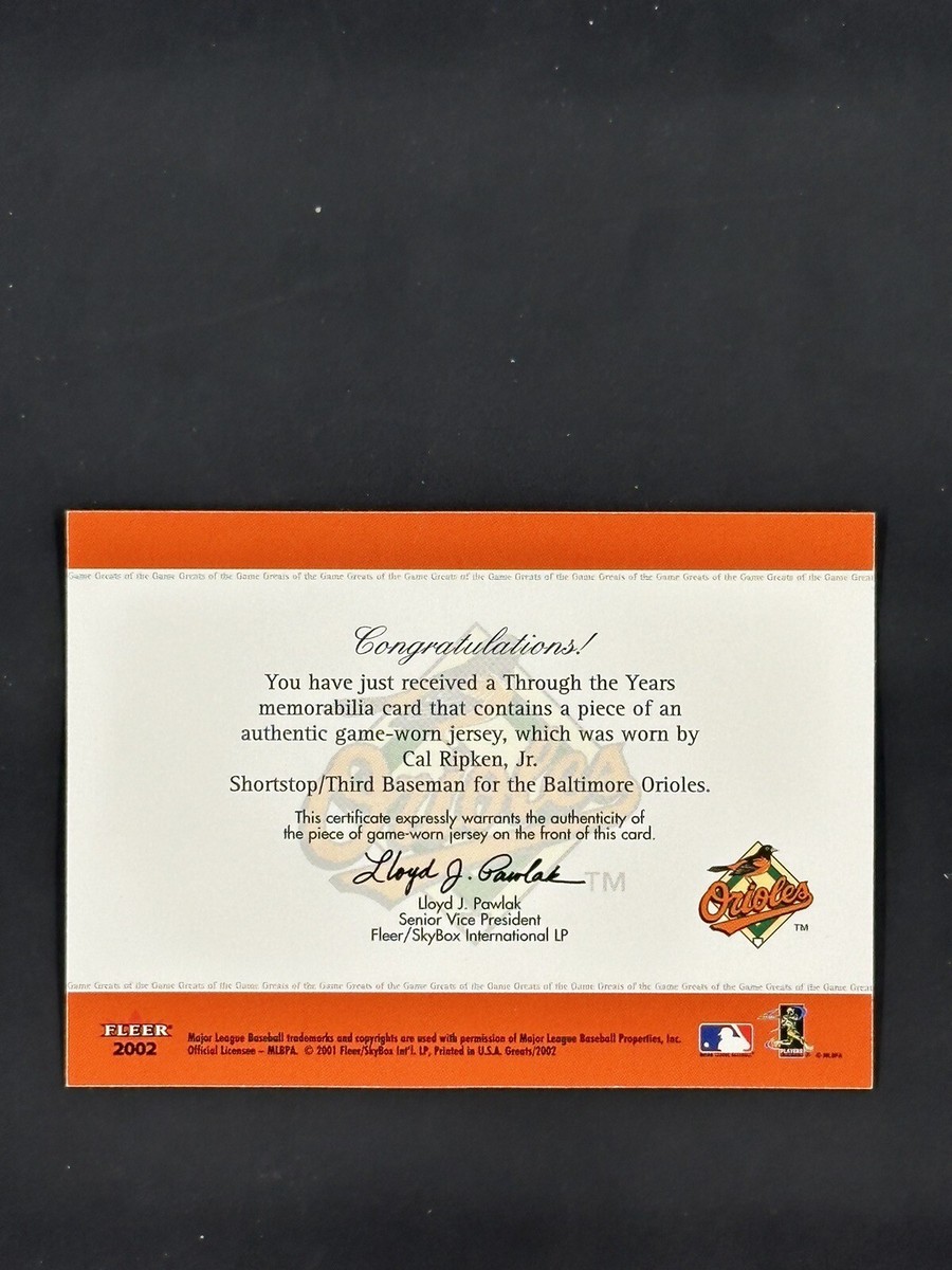 CAL RIPKEN JR. 2002 FLEER GREATS THROUGH THE YEARS JERSEY Card