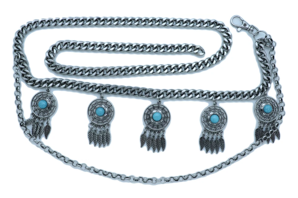 Cinturón Mujer Plata Metal Cadena Eslabones Pluma Atrapasueños Turquesa Dije M L XL Foto 2 de 4