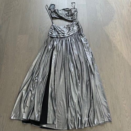Retrofete KENNA Gunmetal Silver Metallic Lame Maxi Dress Strapless Cut Out SMALL - Picture 2 of 14