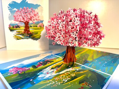 ORIGAMI POP CARDS Plum Pink Cherry Blossom Tree on Green Fields Happy Birthday