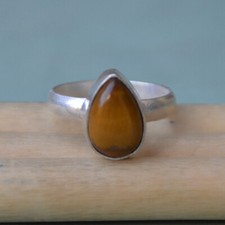 Pear Cab Natural Brown Tiger Eye Gemstone 925 Sterling Silver Gift Ring Jewelry