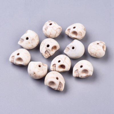 10 White Turquoise Skull Beads Side Drilled 13mm Howlite Veined Gothic Jewelry 