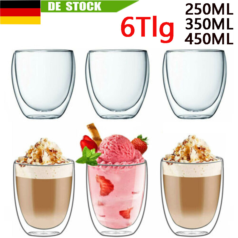 6x450ml Doppelwandige Thermo Gläser Latte Macchiato Cocktail Kaffee Tee Becher