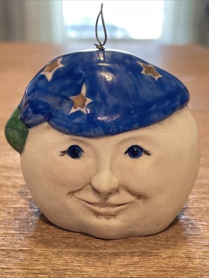 1988 Vintage Salamander Pottery Folk Art Bell Cloud Two Faced Sleepy Ornament
