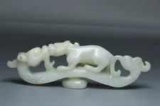 Chinese Antique Old Hetian Jade Hand-Carved Dragon and Phoenix  Statues