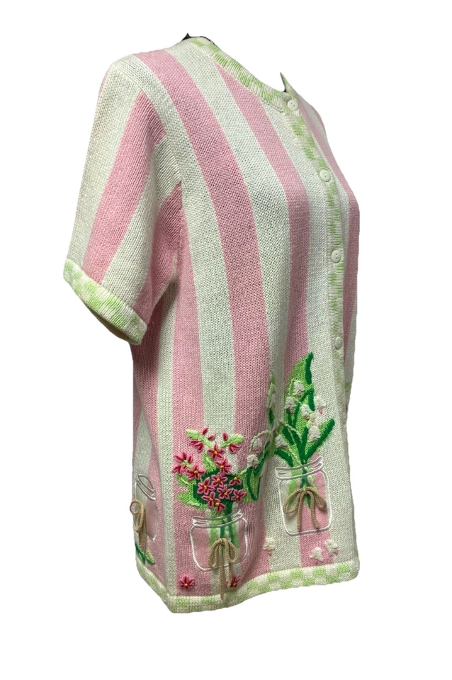 Quaker Factory Women's Pink&White Striped Pattern Embroidered Flower Sweater S - Image 3 of 4