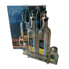 Oil & Vinegar Bottles Condiments Set 5 pc Salt & Pepper Shakers Caddy Gibson New