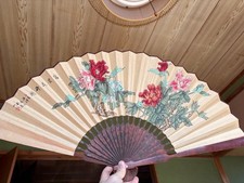 Chinese Art Fan Peony Folding Fan Wood Spine with Box Authentic Rare