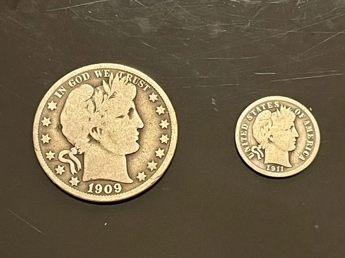 Barber Two Coin Set, 1909 half-dollar and 1911 dime, 90% Silver, Circulated