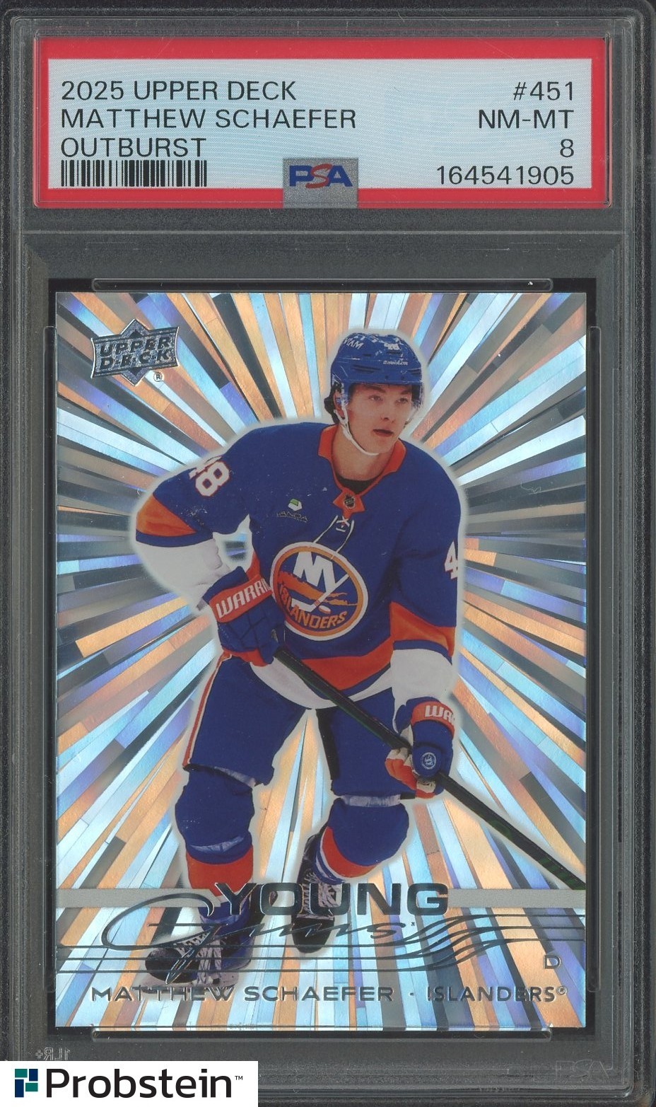 2025 Upper Deck Hockey Young Guns Outburst #451 Matthew Schaefer RC PSA 8