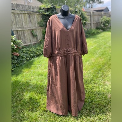 Bloomchic Peasant dress long maxi size 26 4X brown pockets puff sleeve NWT