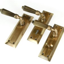 Antique Solid Brass Regency Reeded Lever Latch Door Handles On A Long Backplate