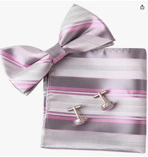 NEW Epoint Men's Bow Tie, Pocket Square, Cuff Link Set, Gray/Pink