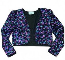 Laurence Kazar Silk Sequin Beaded Jacket PS 80s Purple Holiday Party Blazer