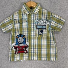Thomas  Friends Boys Plaid Button Up Shirt Thomas Train Patch Green Size 3T