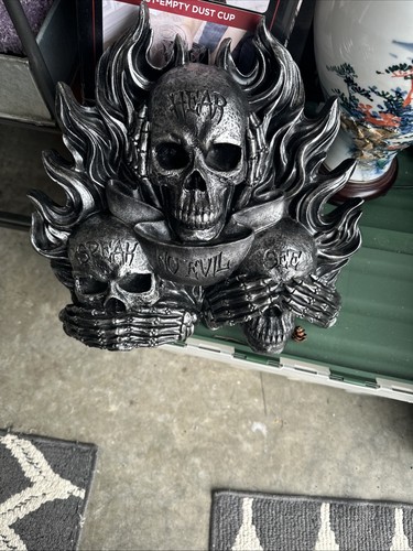 Vintage Wall Hanging Skull See No Evil, Hear No Evil,Speak No Evil Silver 12”x13